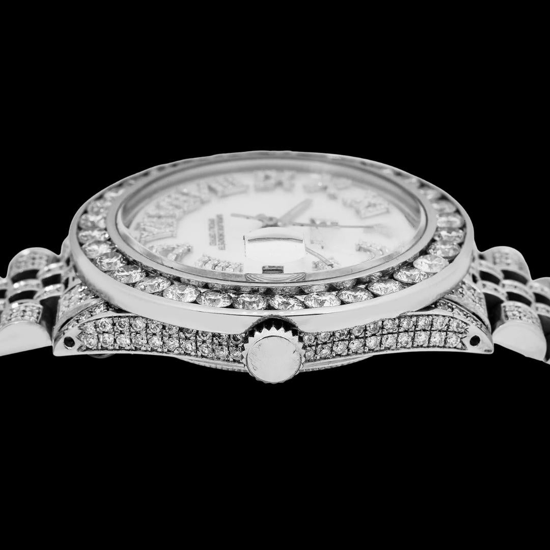 Rolex Diamond Bezel White Pearl Dial Diamond Roman Numerals Iced Out Jubilee Bracelet Moissanite Watch Crown View