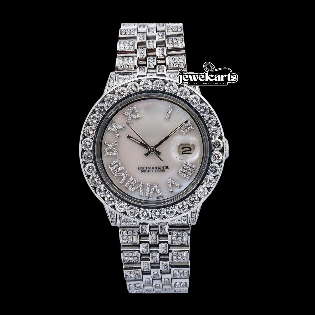 Rolex Diamond Bezel White Pearl Dial Diamond Roman Numerals Iced Out Jubilee Bracelet Moissanite Watch Front View