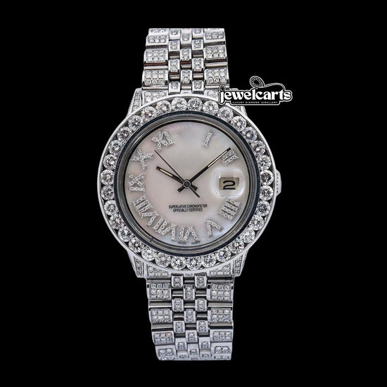 Rolex Diamond Bezel White Pearl Dial Diamond Roman Numerals Iced Out Jubilee Bracelet Moissanite Watch Front View