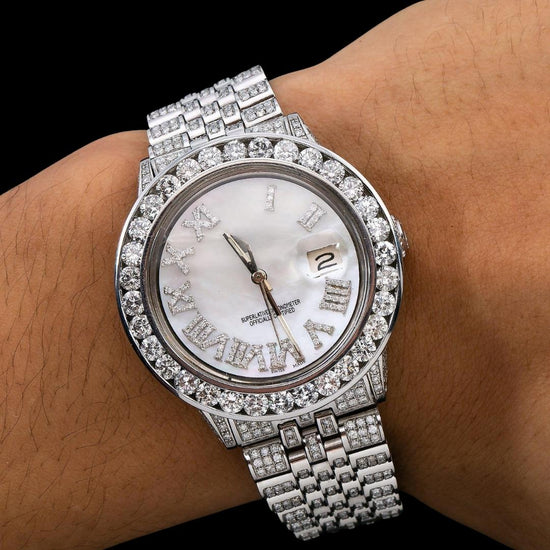 Rolex Diamond Bezel White Pearl Dial Diamond Roman Numerals Iced Out Jubilee Bracelet Moissanite Watch On Wrist View