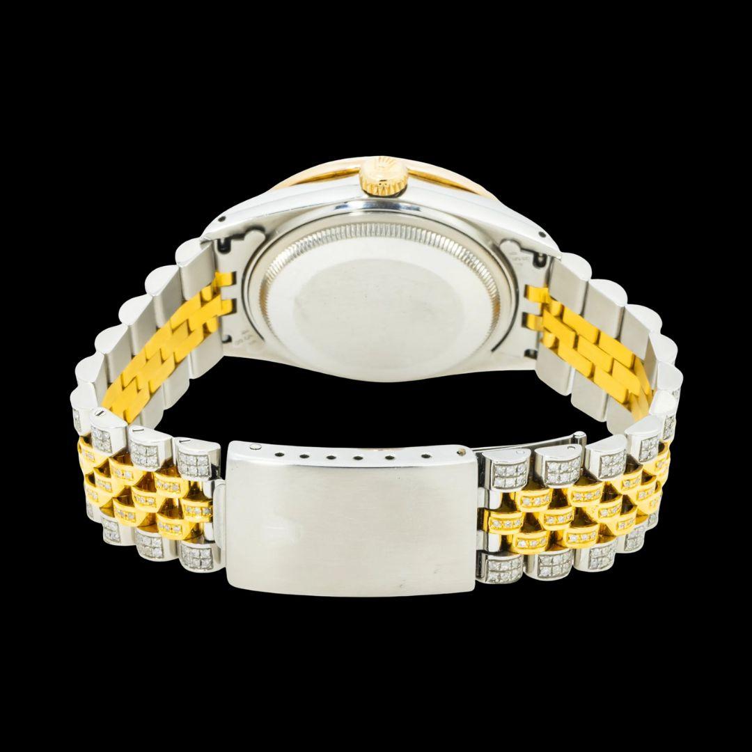 Rolex Diamond Dial Black Roman Numerals Two Tone Yellow Gold Jubilee Bracelet Iced Out Moissanite Watch Caseback View