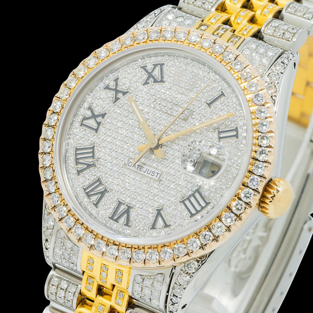 Rolex Diamond Dial Black Roman Numerals Two Tone Yellow Gold Jubilee Bracelet Iced Out Moissanite Watch Close Up Dial View