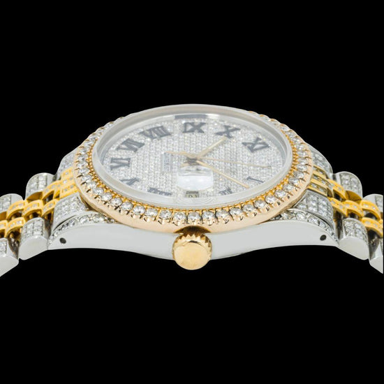 Rolex Diamond Dial Black Roman Numerals Two Tone Yellow Gold Jubilee Bracelet Iced Out Moissanite Watch Crown View