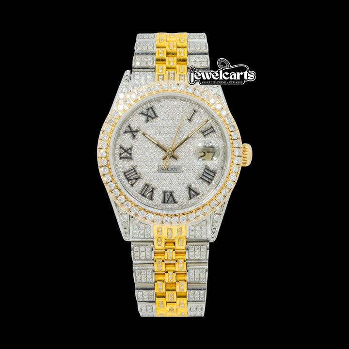 Rolex Diamond Dial Black Roman Numerals Two Tone Yellow Gold Jubilee Bracelet Iced Out Moissanite Watch Front View