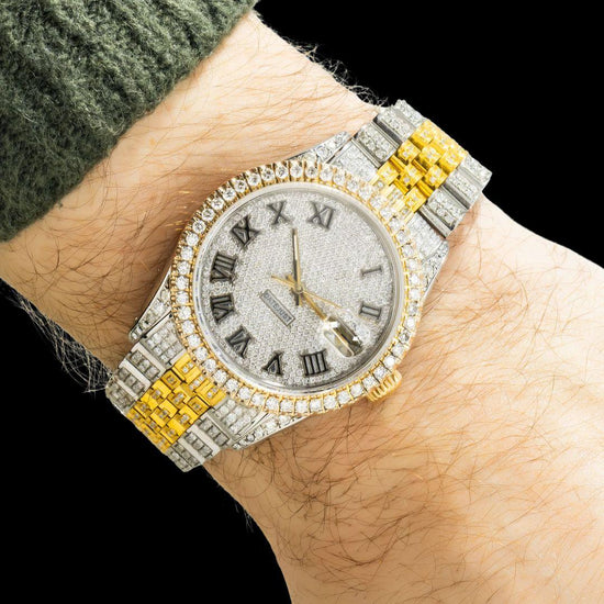 Rolex Diamond Dial Black Roman Numerals Two Tone Yellow Gold Jubilee Bracelet Iced Out Moissanite Watch On Wrist View
