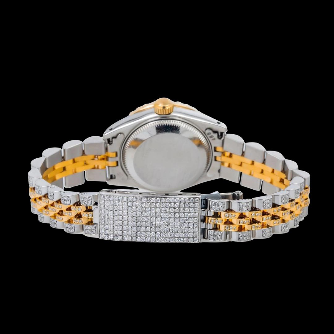 Rolex Diamond Markers Black Dial Two Tone Yellow Jubilee Bracelet Iced Out Moissanite Watch Caseback View
