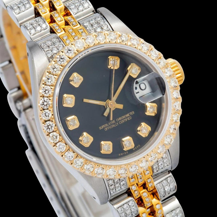 Rolex Diamond Markers Black Dial Two Tone Yellow Jubilee Bracelet Iced Out Moissanite Watch Close Up Dial View