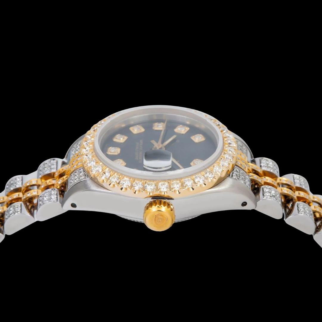 Rolex Diamond Markers Black Dial Two Tone Yellow Jubilee Bracelet Iced Out Moissanite Watch Crown View