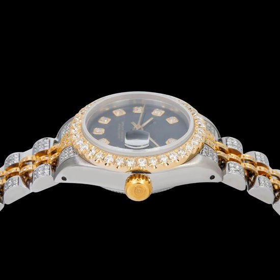 Rolex Diamond Markers Black Dial Two Tone Yellow Jubilee Bracelet Iced Out Moissanite Watch Crown View