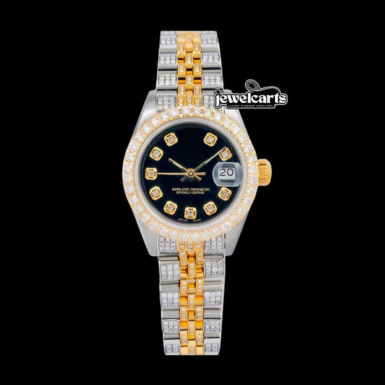 Rolex Diamond Markers Black Dial Two Tone Yellow Jubilee Bracelet Iced Out Moissanite Watch Front View
