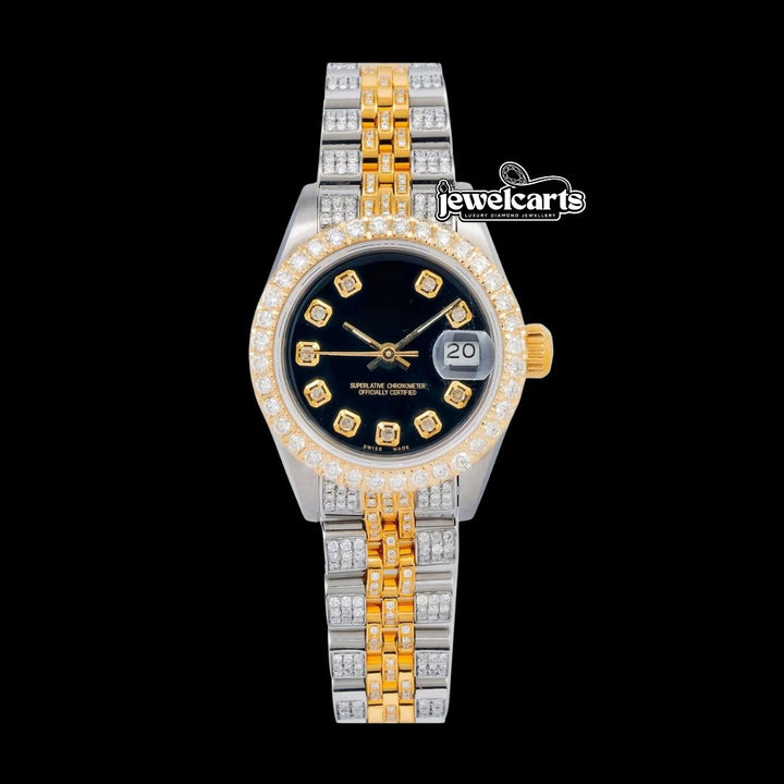 Rolex Diamond Markers Black Dial Two Tone Yellow Jubilee Bracelet Iced Out Moissanite Watch Front View