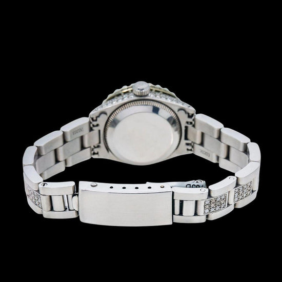 Rolex Diamond Markers Green Dial Diamond Bezel Semi Iced Oyster Bracelet Moissanite Watch Caseback View