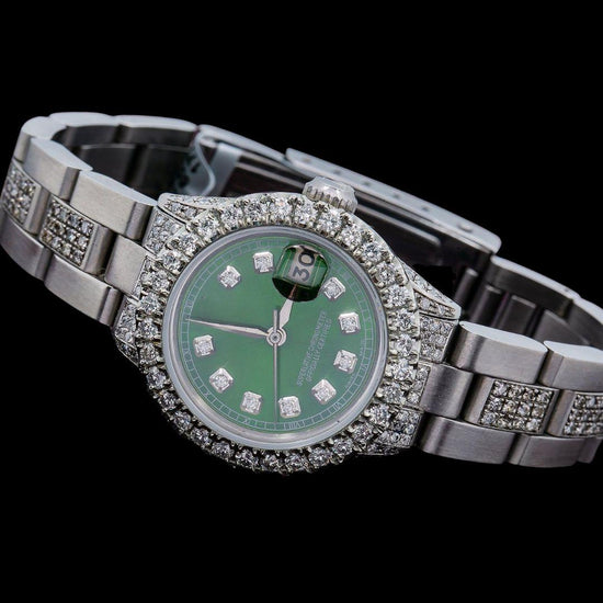 Rolex Diamond Markers Green Dial Diamond Bezel Semi Iced Oyster Bracelet Moissanite Watch Close Up Front View