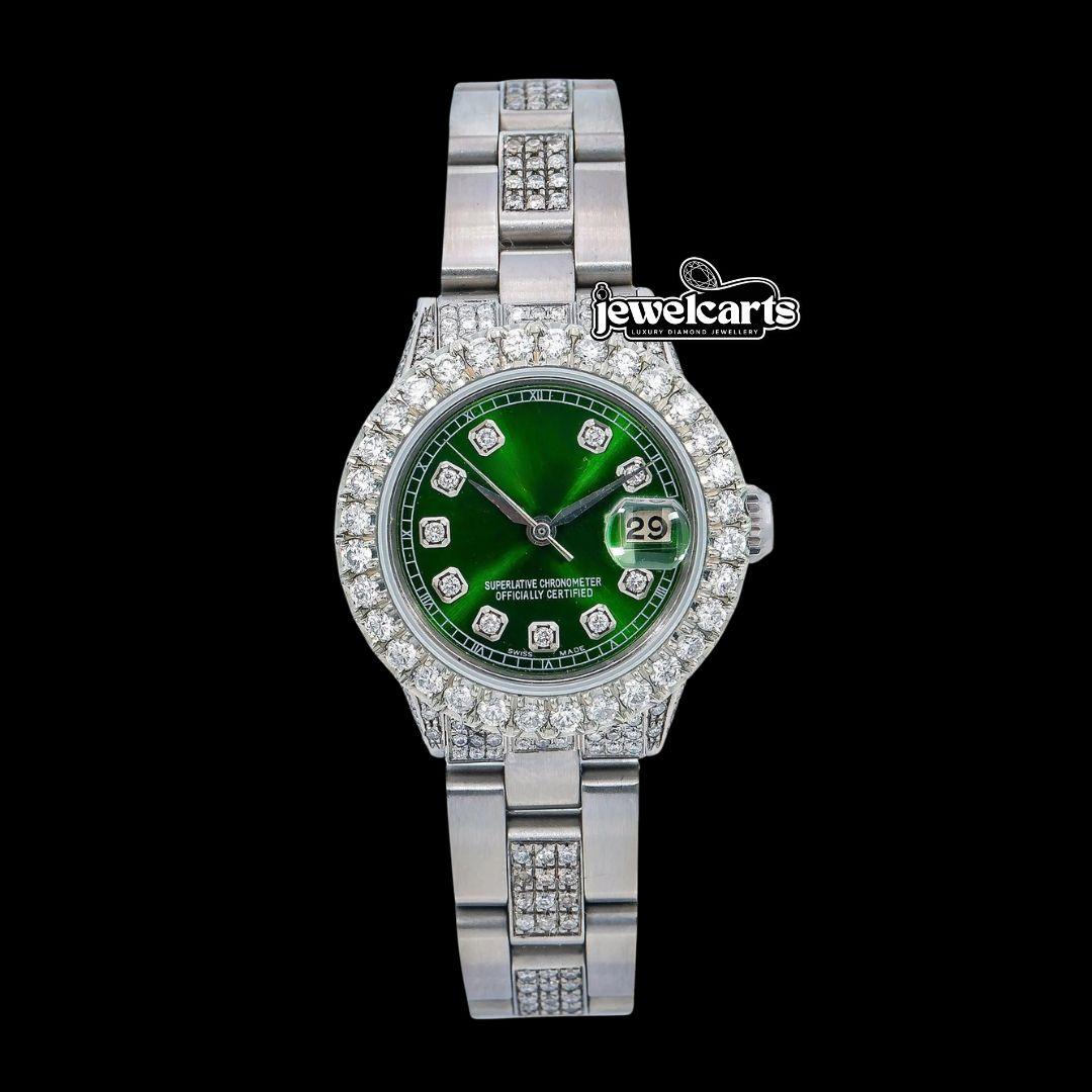 Rolex Diamond Markers Green Dial Diamond Bezel Semi Iced Oyster Bracelet Moissanite Watch Front View