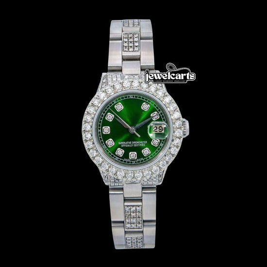 Rolex Diamond Markers Green Dial Diamond Bezel Semi Iced Oyster Bracelet Moissanite Watch Front View