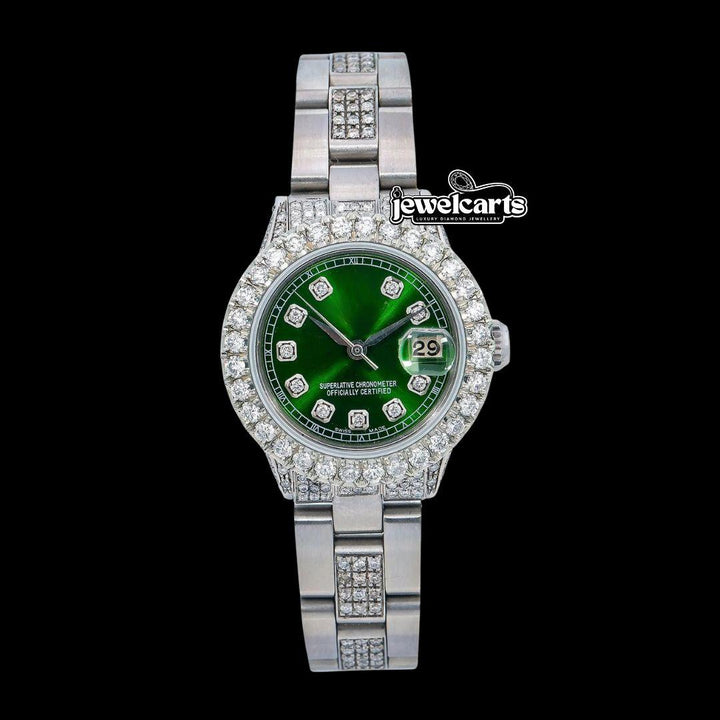 Rolex Diamond Markers Green Dial Diamond Bezel Semi Iced Oyster Bracelet Moissanite Watch Front View