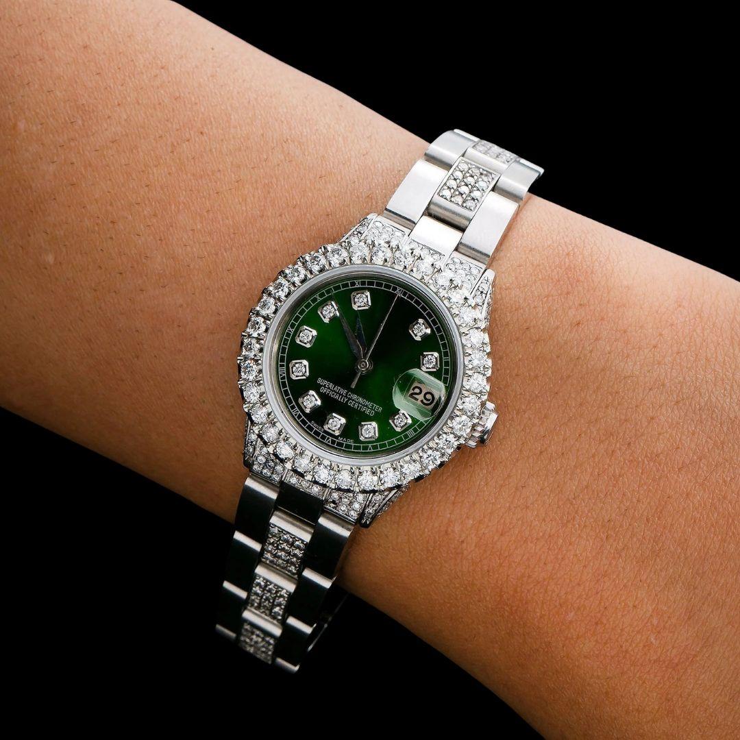 Rolex Diamond Markers Green Dial Diamond Bezel Semi Iced Oyster Bracelet Moissanite Watch On Wrist View