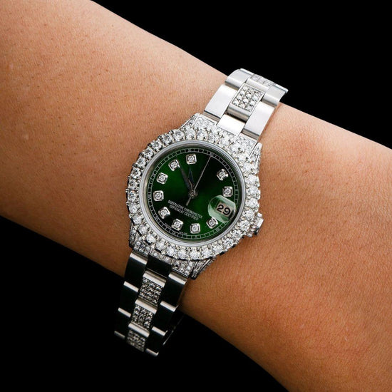 Rolex Diamond Markers Green Dial Diamond Bezel Semi Iced Oyster Bracelet Moissanite Watch On Wrist View