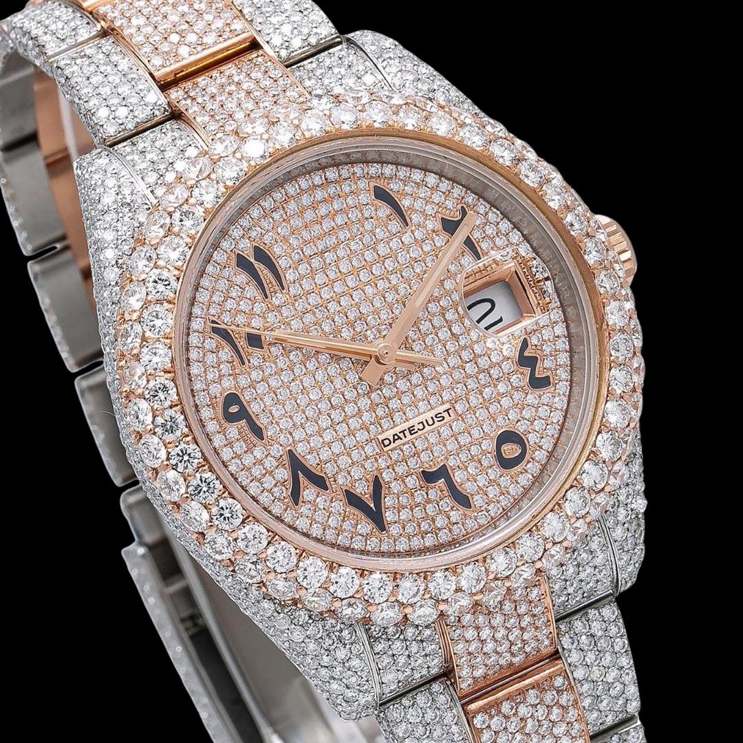 Rolex Diamond Paved Dial Black Arabic Numerals Two Tone Rose Gold Oyster Bracelet Iced Out Moissanite Watch Close Up Dial View