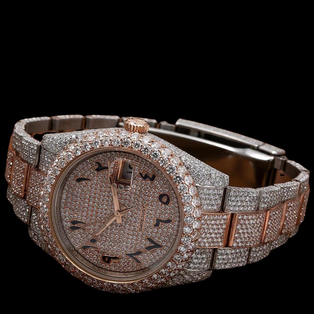 Rolex Diamond Paved Dial Black Arabic Numerals Two Tone Rose Gold Oyster Bracelet Iced Out Moissanite Watch Close Up Front View