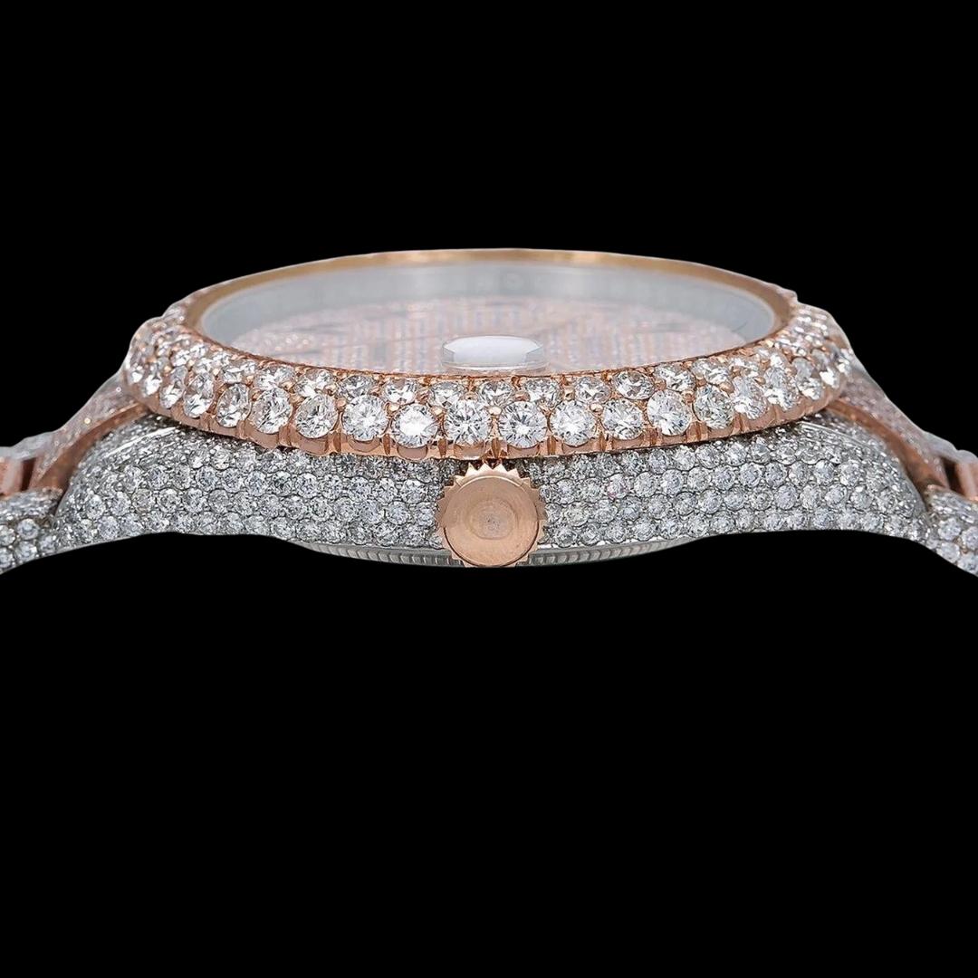 Rolex Diamond Paved Dial Black Arabic Numerals Two Tone Rose Gold Oyster Bracelet Iced Out Moissanite Watch Crown View