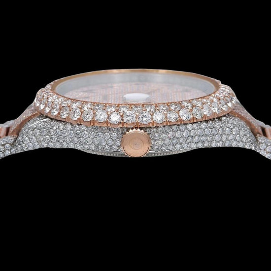 Rolex Diamond Paved Dial Black Arabic Numerals Two Tone Rose Gold Oyster Bracelet Iced Out Moissanite Watch Crown View