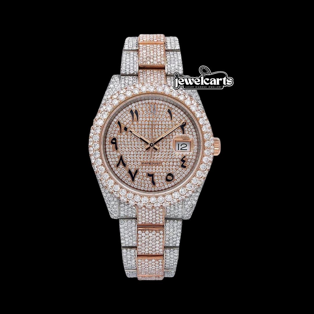 Rolex Diamond Paved Dial Black Arabic Numerals Two Tone Rose Gold Oyster Bracelet Iced Out Moissanite Watch Front View