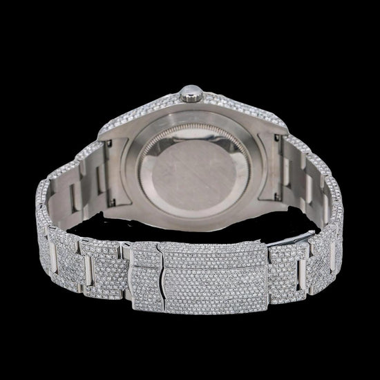 Rolex Diamond Paved Dial Black Roman Numerals Fully Iced Out Oyster Bracelet Moissanite Watch Caseback View