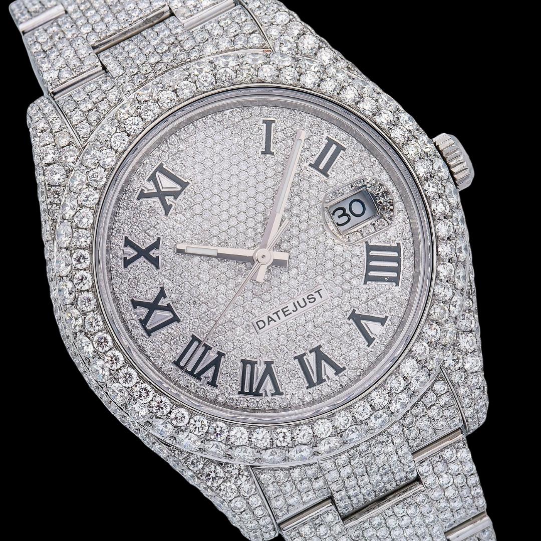 Rolex Diamond Paved Dial Black Roman Numerals Fully Iced Out Oyster Bracelet Moissanite Watch Close Up Dial View