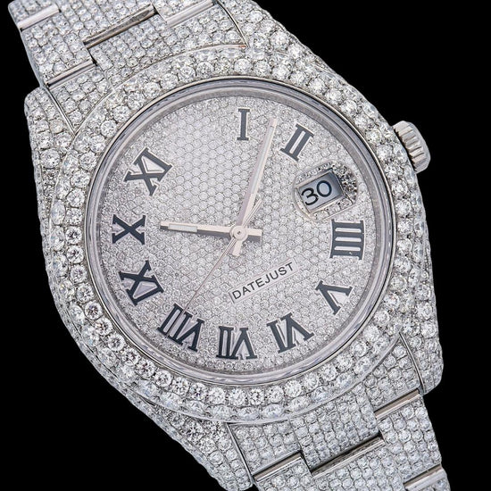 Rolex Diamond Paved Dial Black Roman Numerals Fully Iced Out Oyster Bracelet Moissanite Watch Close Up Dial View