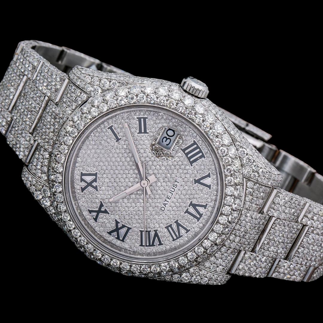 Rolex Diamond Paved Dial Black Roman Numerals Fully Iced Out Oyster Bracelet Moissanite Watch Close Up Front View