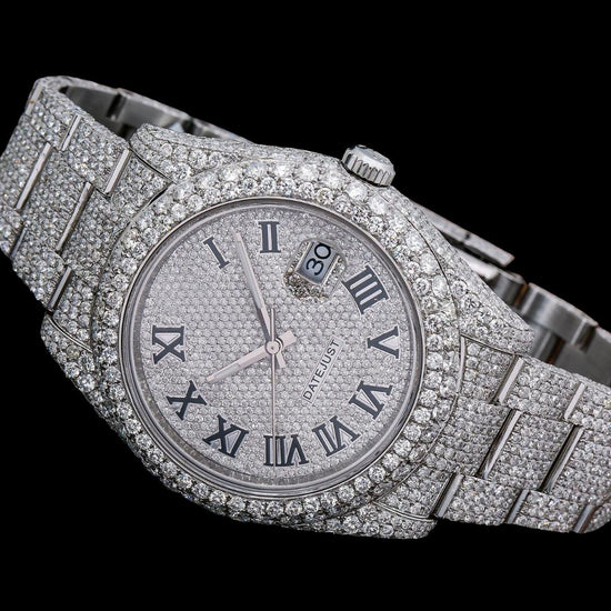Rolex Diamond Paved Dial Black Roman Numerals Fully Iced Out Oyster Bracelet Moissanite Watch Close Up Front View