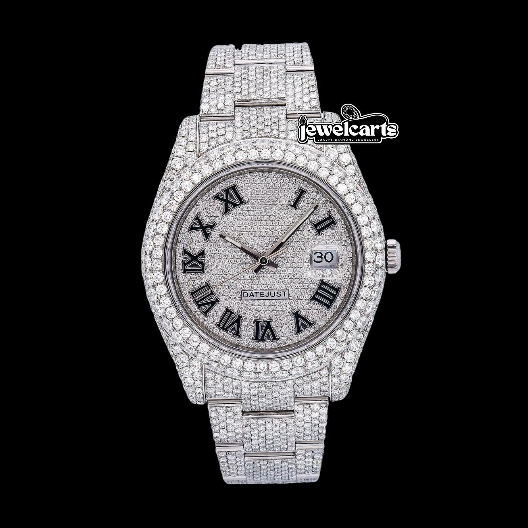 Rolex Diamond Paved Dial Black Roman Numerals Fully Iced Out Oyster Bracelet Moissanite Watch Front View