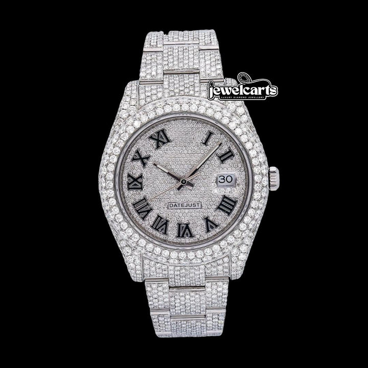 Rolex Diamond Paved Dial Black Roman Numerals Fully Iced Out Oyster Bracelet Moissanite Watch Front View