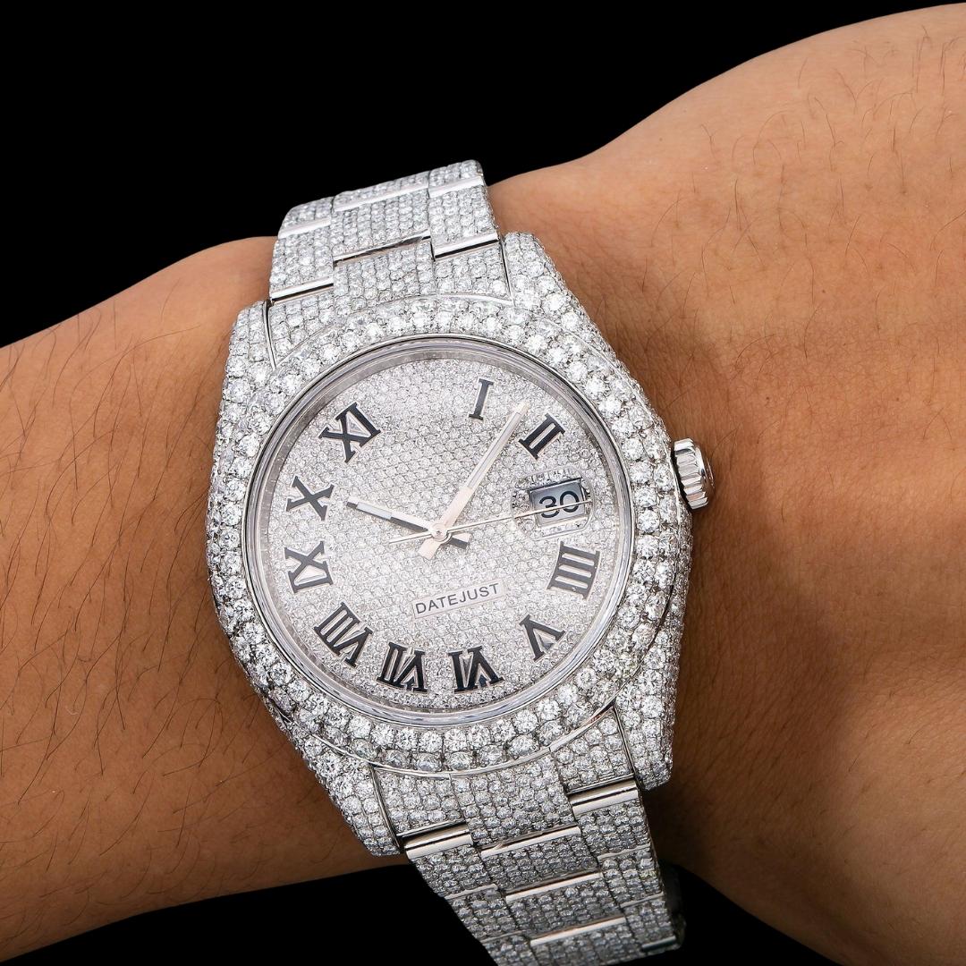Rolex Diamond Paved Dial Black Roman Numerals Fully Iced Out Oyster Bracelet Moissanite Watch On Wrist View