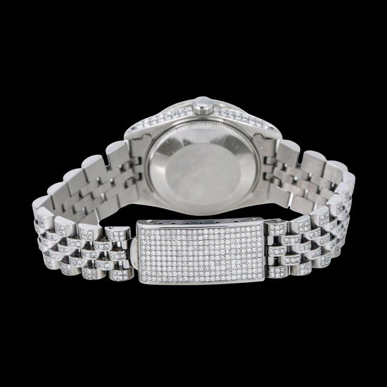 Rolex Diamond Paved Dial Black Roman Numerals Jubilee Bracelet Fully Iced Out Moissanite Watch Caseback View