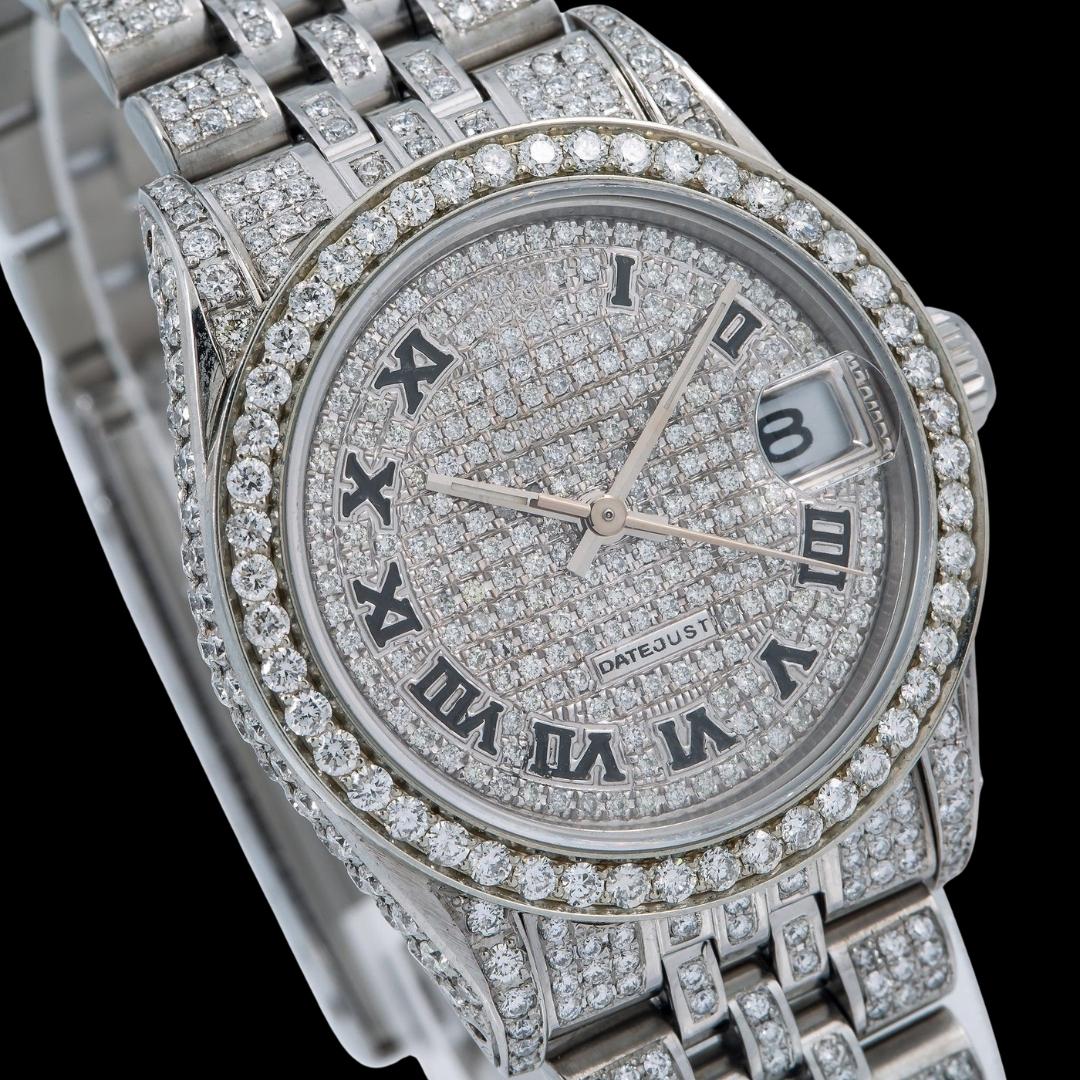 Rolex Diamond Paved Dial Black Roman Numerals Jubilee Bracelet Fully Iced Out Moissanite Watch Close Up Dial View