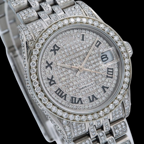 Rolex Diamond Paved Dial Black Roman Numerals Jubilee Bracelet Fully Iced Out Moissanite Watch Close Up Dial View