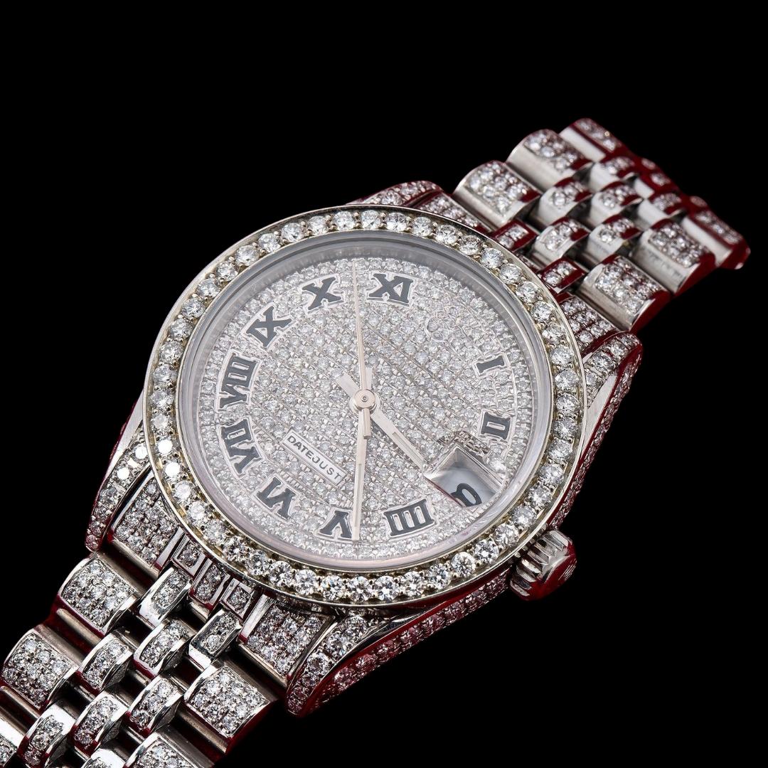 Rolex Diamond Paved Dial Black Roman Numerals Jubilee Bracelet Fully Iced Out Moissanite Watch Close Up Front View