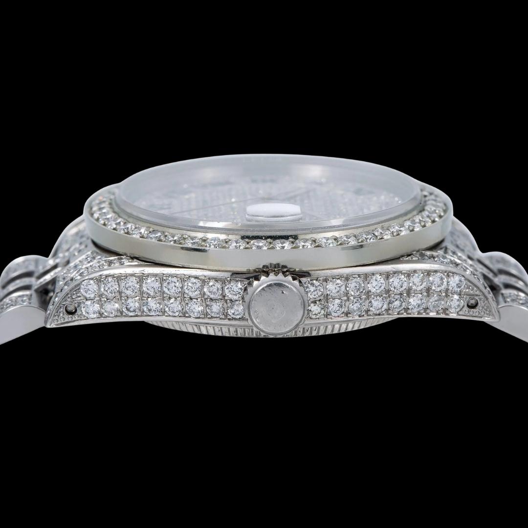 Rolex Diamond Paved Dial Black Roman Numerals Jubilee Bracelet Fully Iced Out Moissanite Watch Crown View