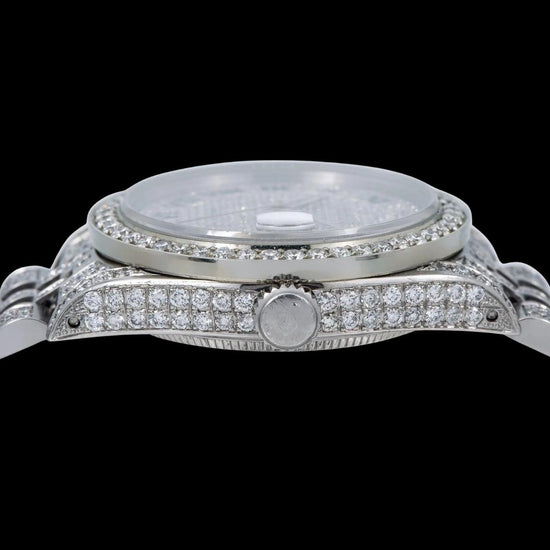 Rolex Diamond Paved Dial Black Roman Numerals Jubilee Bracelet Fully Iced Out Moissanite Watch Crown View