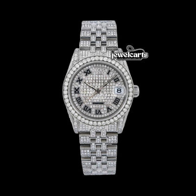 Rolex Diamond Paved Dial Black Roman Numerals Jubilee Bracelet Fully Iced Out Moissanite Watch