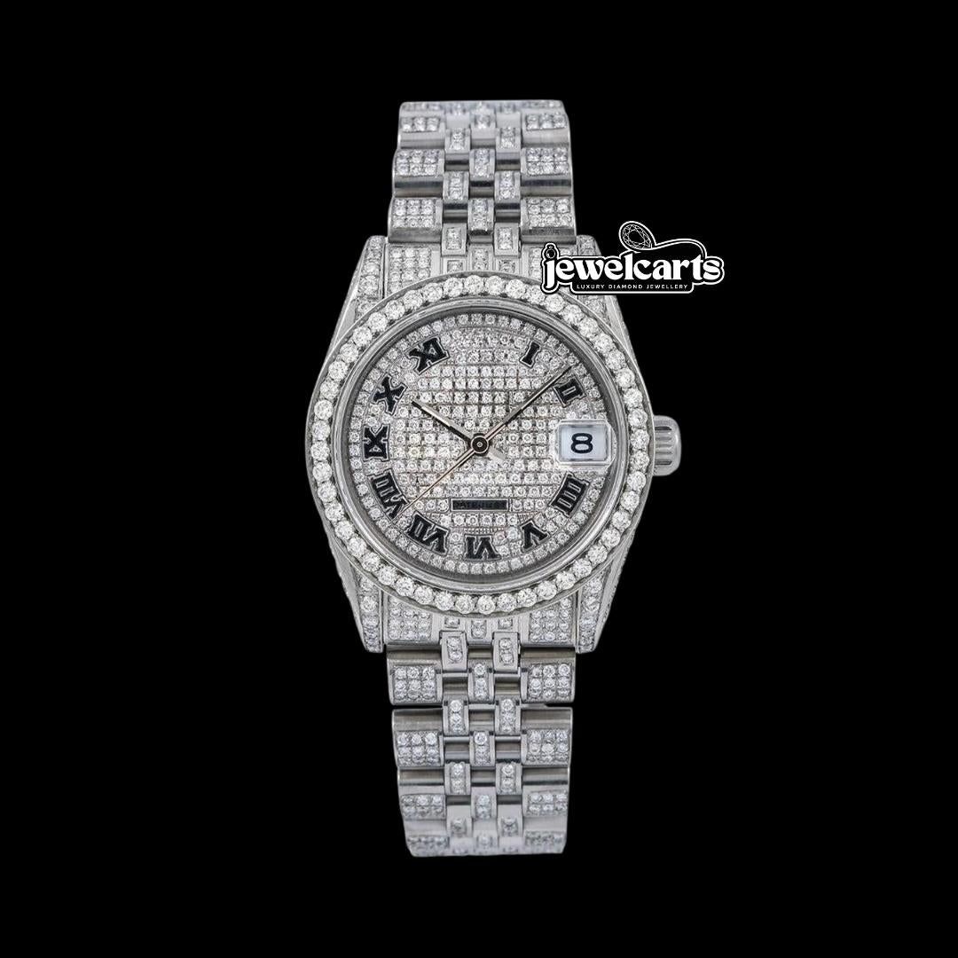 Rolex Diamond Paved Dial Black Roman Numerals Jubilee Bracelet Fully Iced Out Moissanite Watch Front View