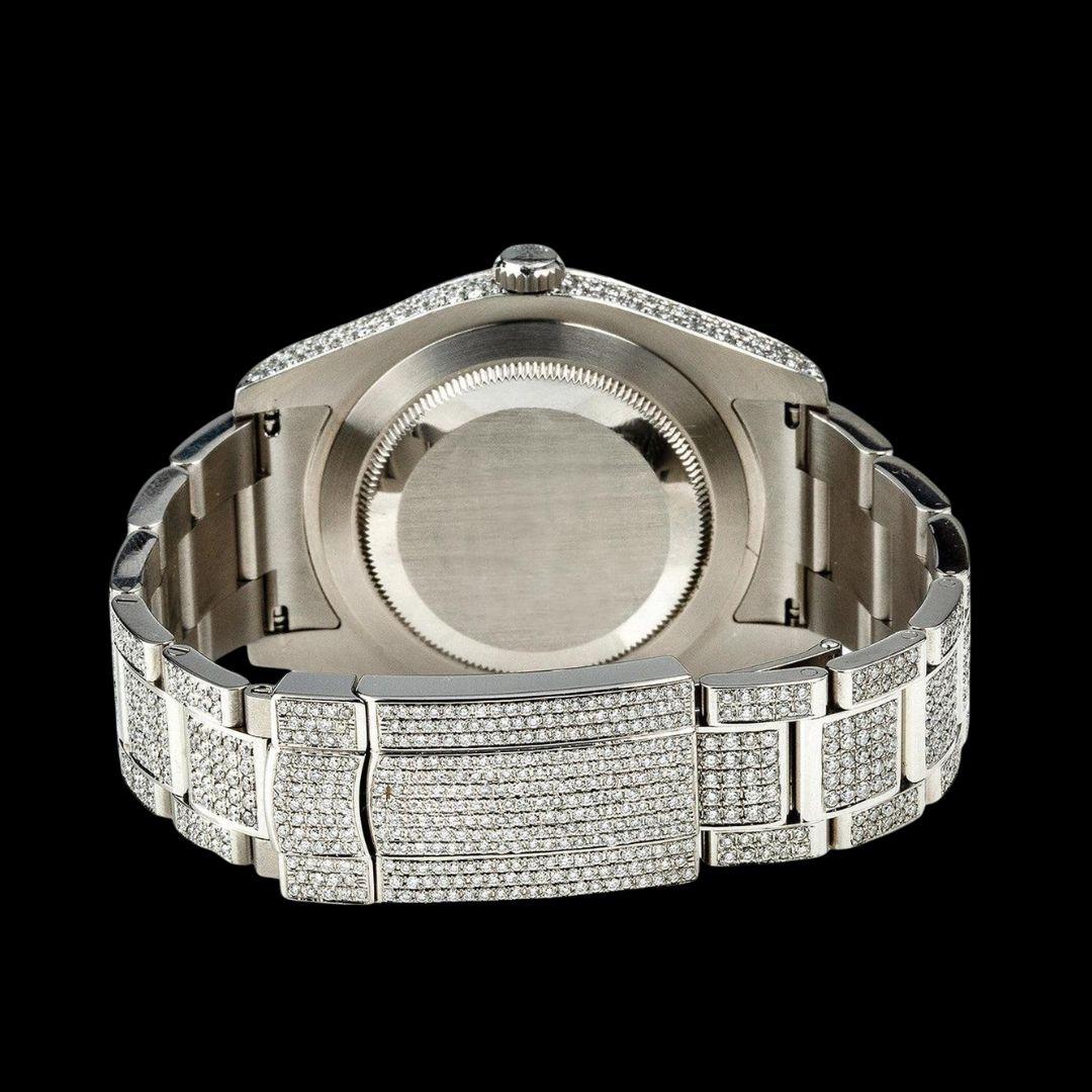 Rolex Diamond Paved Dial Blue Arabic Numerals Fully Iced Out Oyster Bracelet Moissanite Watch Caseback View
