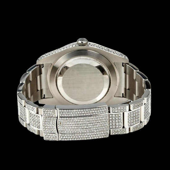 Rolex Diamond Paved Dial Blue Arabic Numerals Fully Iced Out Oyster Bracelet Moissanite Watch Caseback View