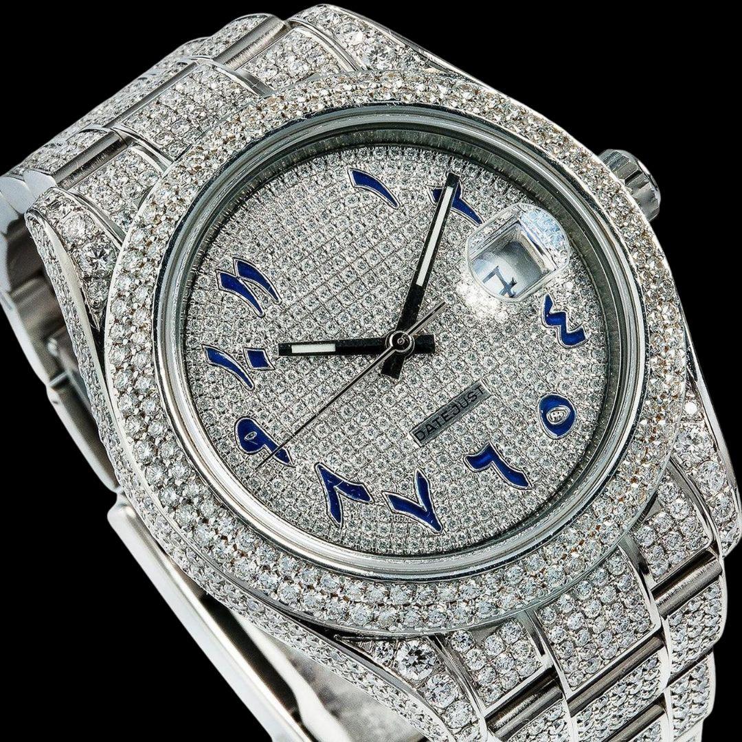 Rolex Diamond Paved Dial Blue Arabic Numerals Fully Iced Out Oyster Bracelet Moissanite Watch Close Up Dial View