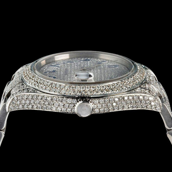 Rolex Diamond Paved Dial Blue Arabic Numerals Fully Iced Out Oyster Bracelet Moissanite Watch Crown View