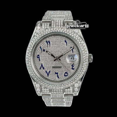 Rolex Diamond Paved Dial Blue Arabic Numerals Fully Iced Out Oyster Bracelet Moissanite Watch