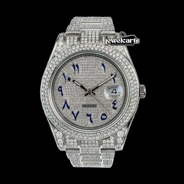 Rolex Diamond Paved Dial Blue Arabic Numerals Fully Iced Out Oyster Bracelet Moissanite Watch Front View