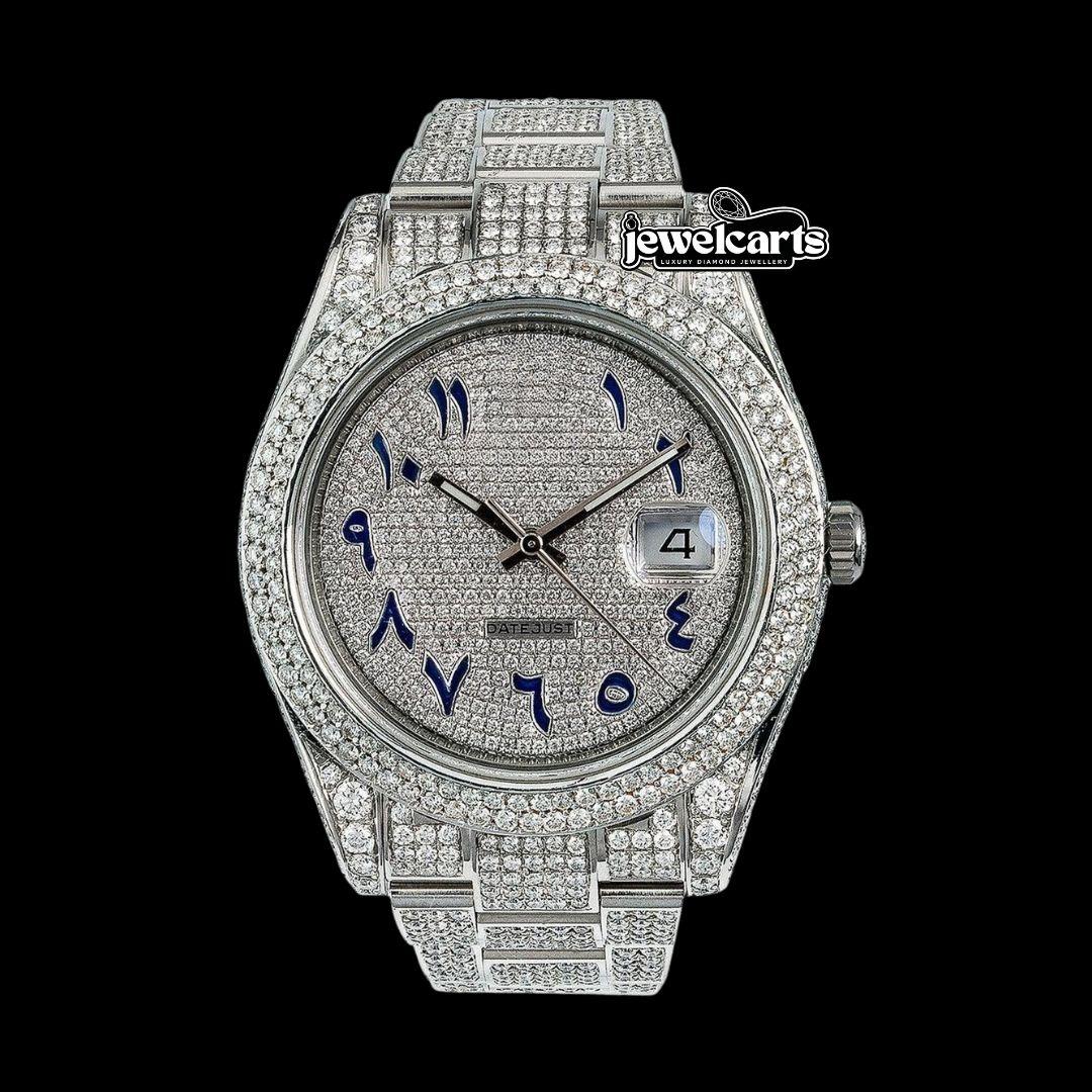 Rolex Diamond Paved Dial Blue Arabic Numerals Fully Iced Out Oyster Bracelet Moissanite Watch Front View